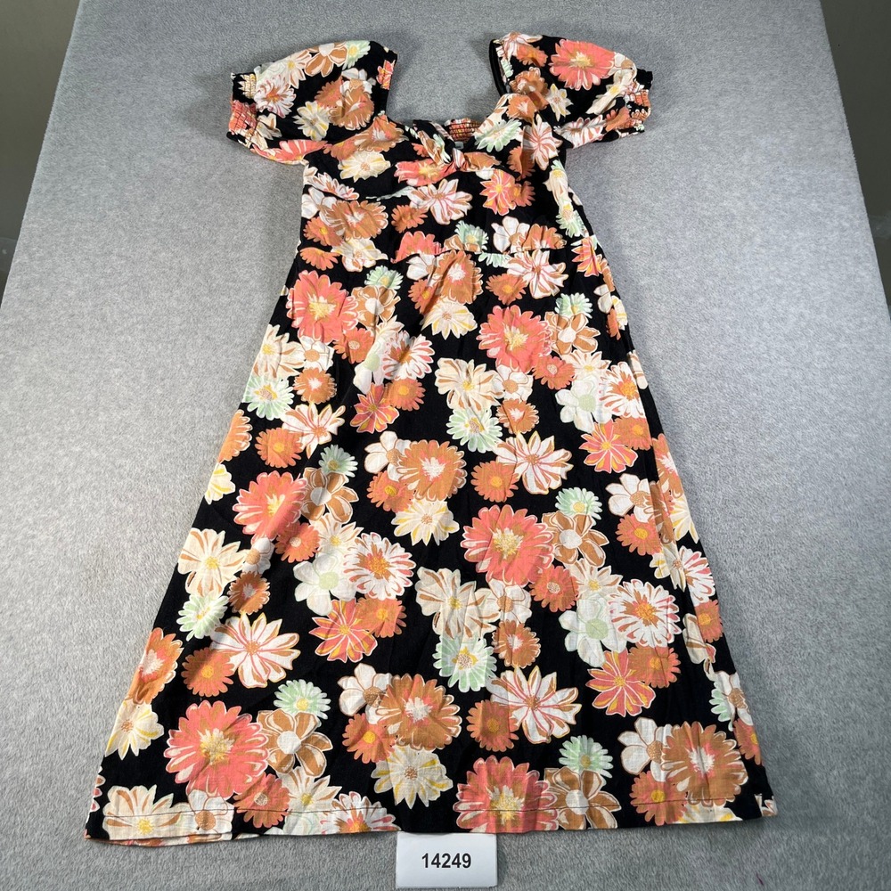 Roxy Midi A Line Dress Womens XL Black Floral Puff Sleeve Smocked Square Neck